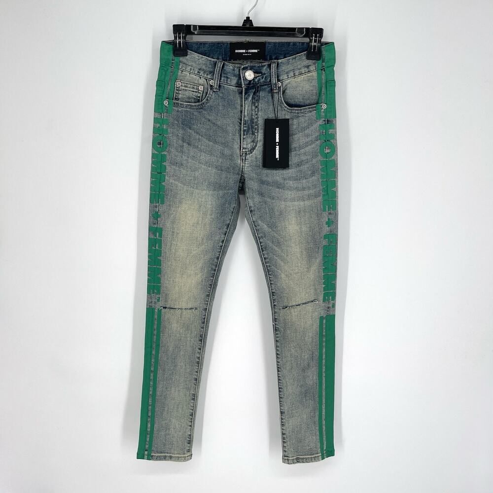 Homme + Femme NEW Skinny Distressed Jeans Womens Sz 28 Blue Green Logo Stripes